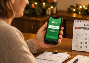 Uma pessoa segura o celular fazendo um PIX em dezembro