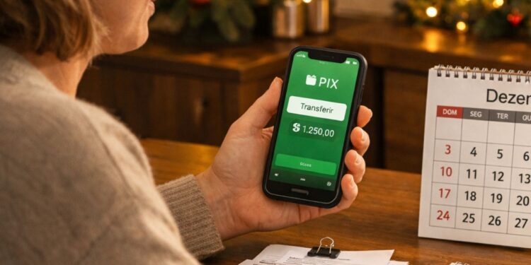 Uma pessoa segura o celular fazendo um PIX em dezembro