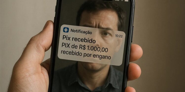 Uma tela mostrando uma mensagem de Pix recebido por engano