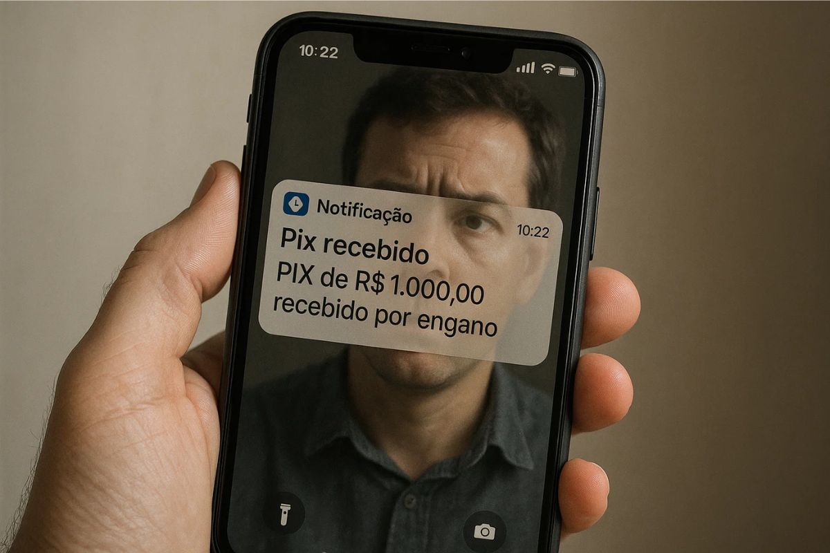 Uma tela mostrando uma mensagem de Pix recebido por engano