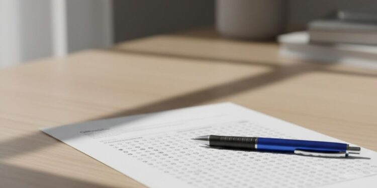 Gabarito da PND com caneta em cima do papel