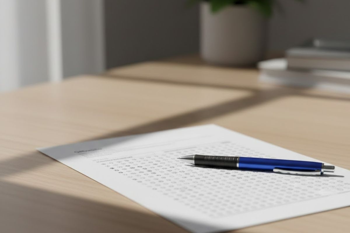 Gabarito da PND com caneta em cima do papel