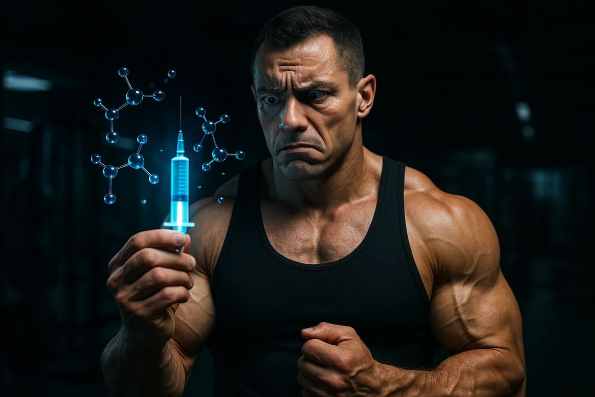 Um bodybuilder com seringa em dúvida sobre os peptídeos