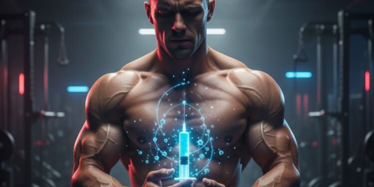 Um bodybuilder com seringa em dúvida sobre os peptídeos