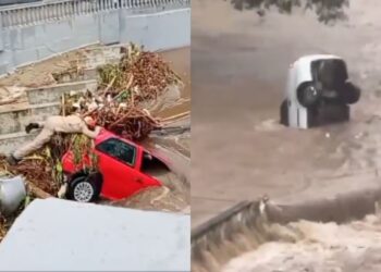 Imagens de carros na tempestade de Petrópolis. Em uma imagem, um bombeiro está fazendo resgate em cima de um carro vermelho, ao lado, outro carro branco boia na água