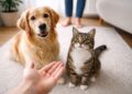 Um cachorro e gato: pets em frente à mão do dono