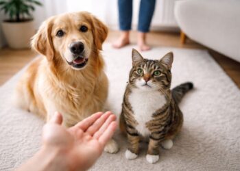 Um cachorro e gato: pets em frente à mão do dono