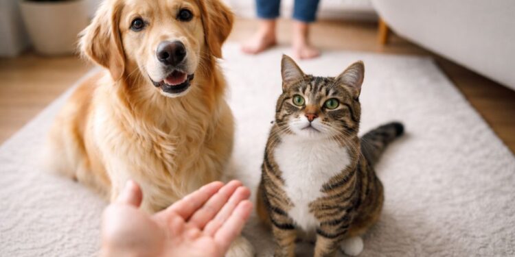 Um cachorro e gato: pets em frente à mão do dono
