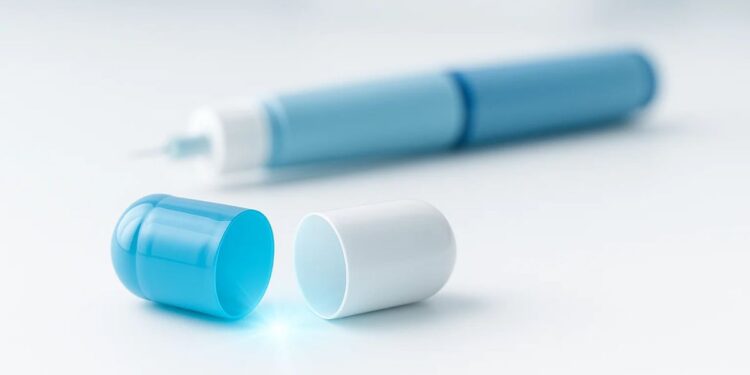 Pílula contra obesidade meio azul e branca