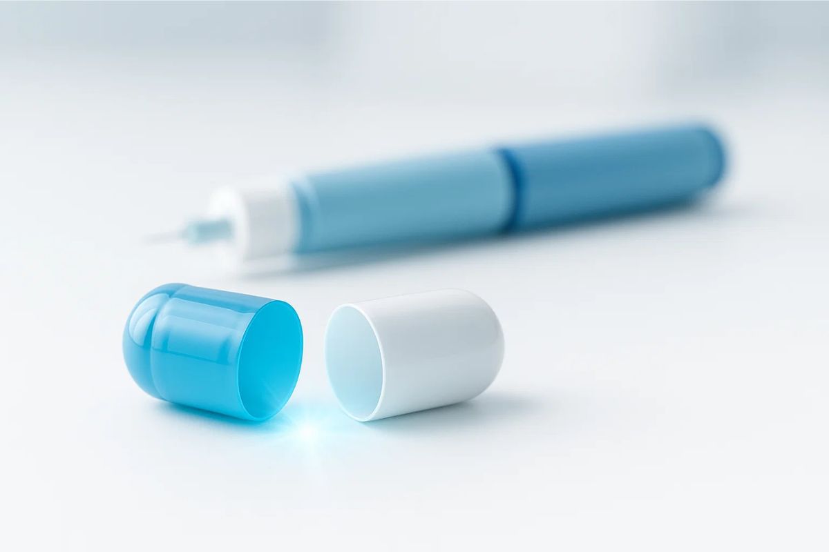 Pílula contra obesidade meio azul e branca