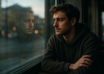 Um homem com Pistantrofobia ao lado da janela de um ônibus onde vê seu reflexo