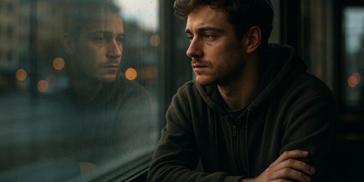 Um homem com Pistantrofobia ao lado da janela de um ônibus onde vê seu reflexo