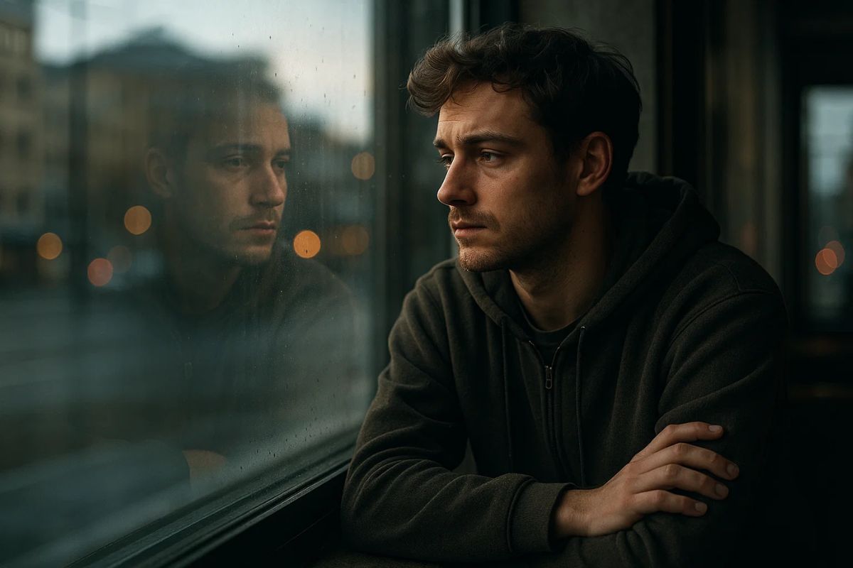 Um homem com Pistantrofobia ao lado da janela de um ônibus onde vê seu reflexo