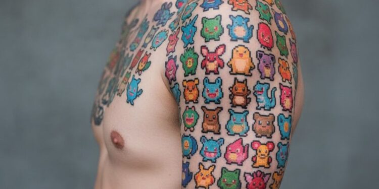 Um homem com tatuagens de 150 pokemons