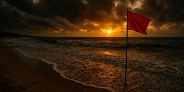 Uma das praias impróprias para banho com uma bandeira vermelha