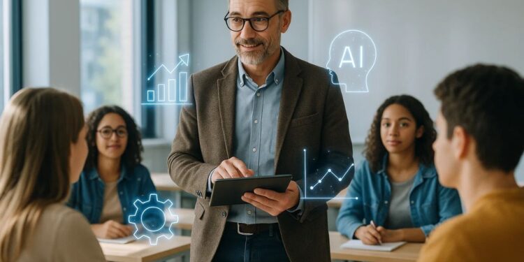 Professor na sala de aula com IA