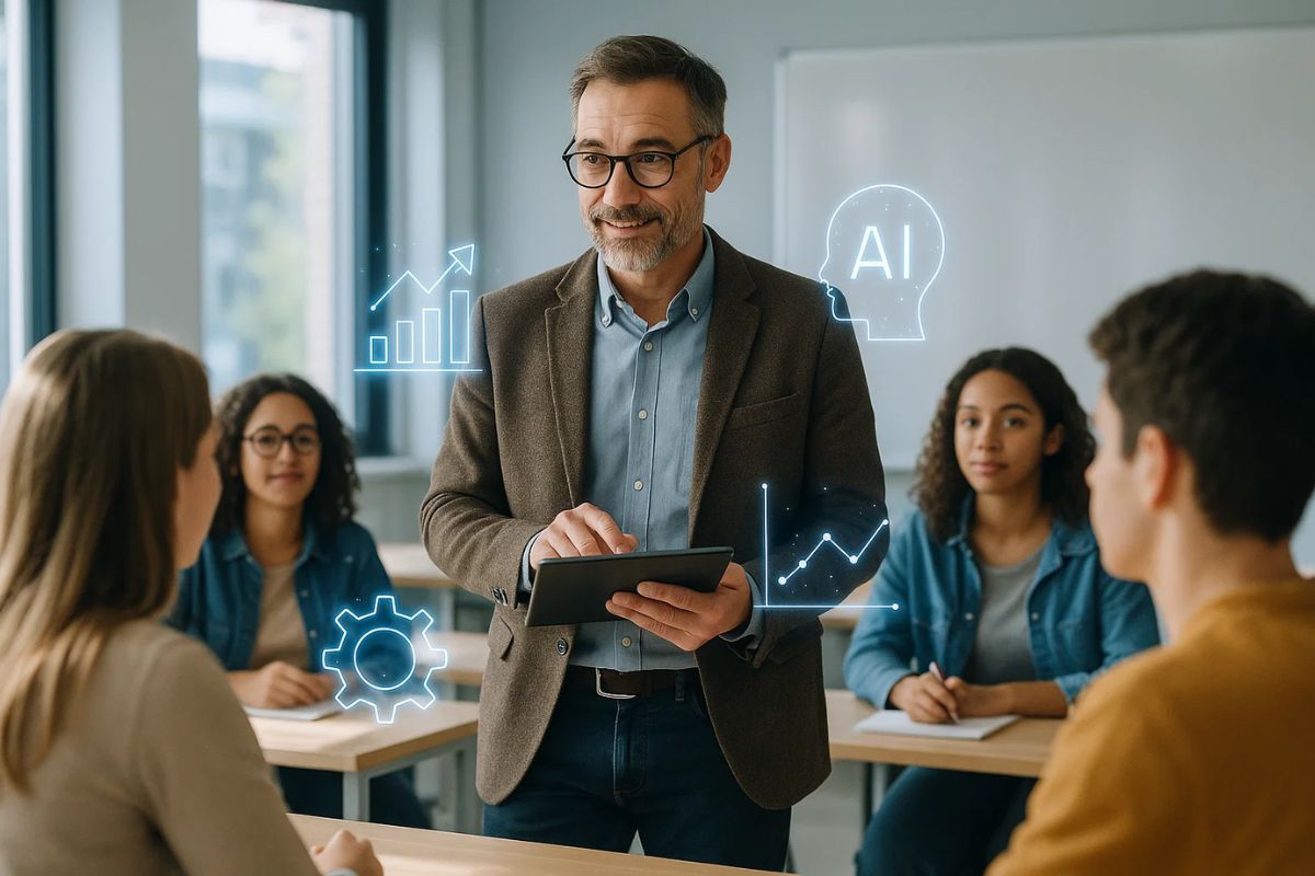Professor na sala de aula com IA