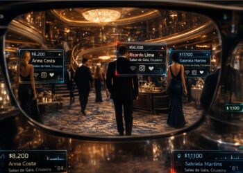 Imagem de um Ray-Ban Meta contendo informações de pessoas em um cruzeiro