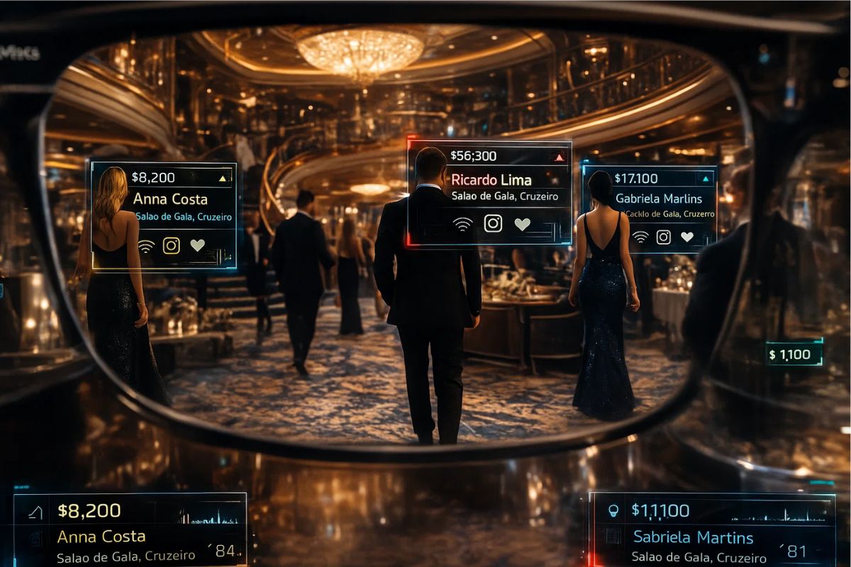 Imagem de um Ray-Ban Meta contendo informações de pessoas em um cruzeiro
