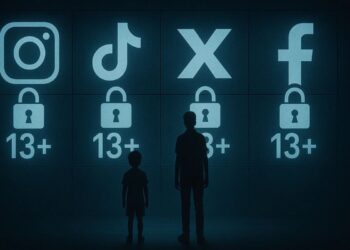 Jovens diante de logos de redes sociais bloqueadas com um cadeado