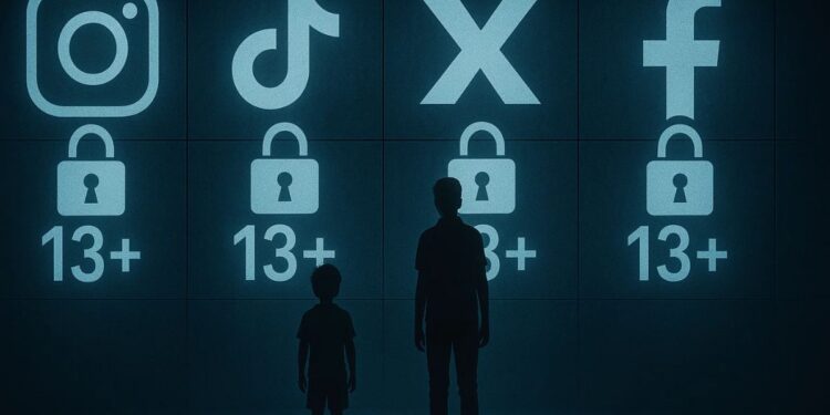 Jovens diante de logos de redes sociais bloqueadas com um cadeado