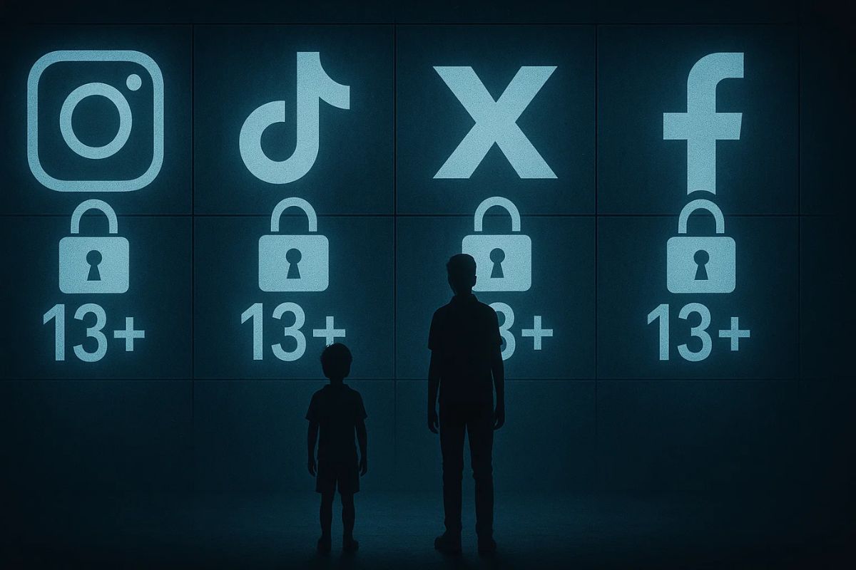 Jovens diante de logos de redes sociais bloqueadas com um cadeado