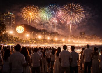 Pessoas na praia comemorando o Réveillon
