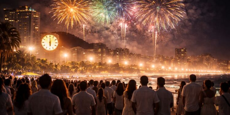 Pessoas na praia comemorando o Réveillon