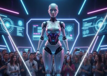 Imagem de uma robô no centro do salão