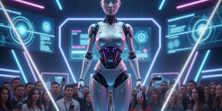 Imagem de uma robô no centro do salão