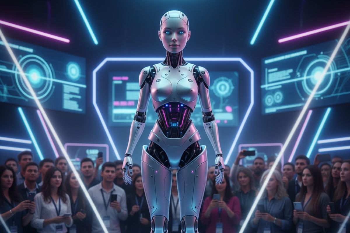 Imagem de uma robô no centro do salão