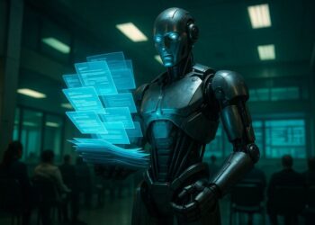 Robô com papéis digitais do serviço público