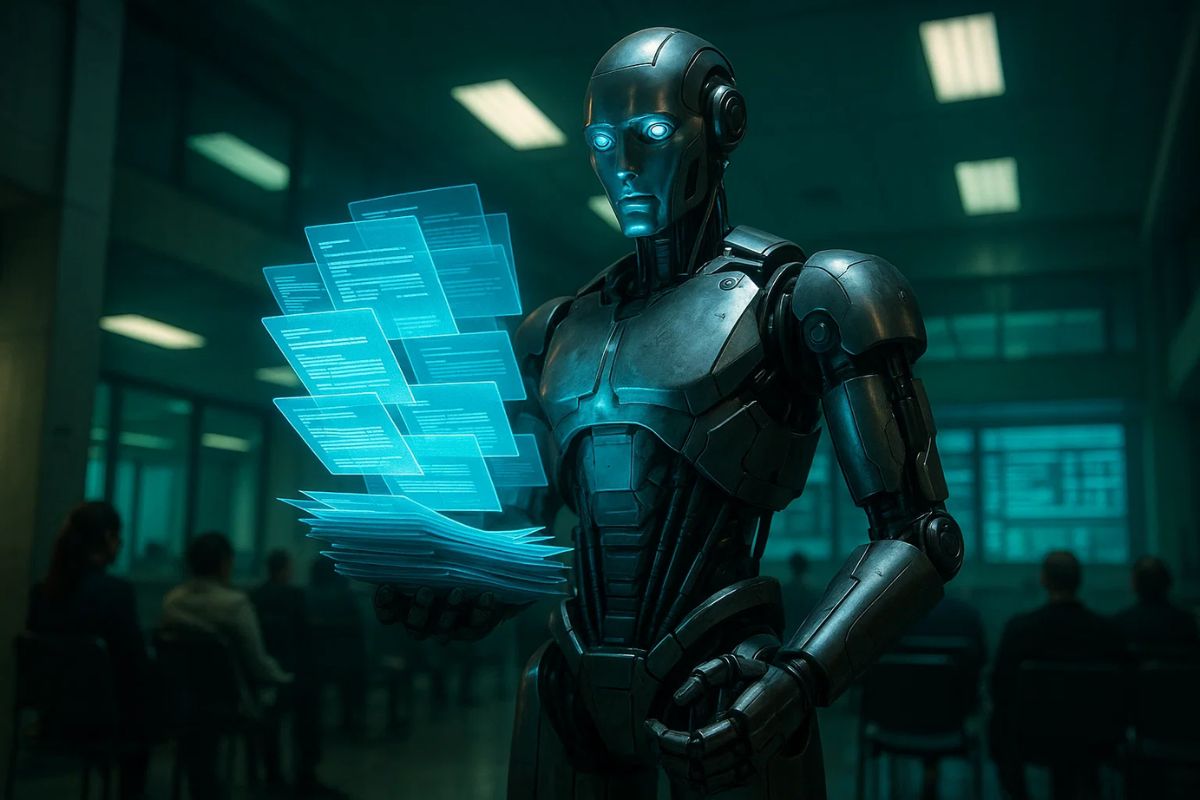 Robô com papéis digitais do serviço público