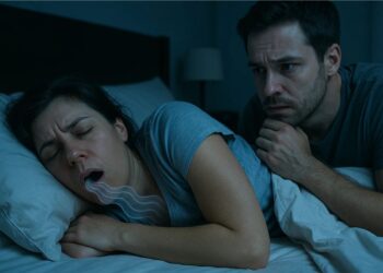 Uma mulher com apneia do sono. Seu marido ouve o ronco e a observa