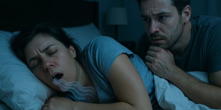 Uma mulher com apneia do sono. Seu marido ouve o ronco e a observa