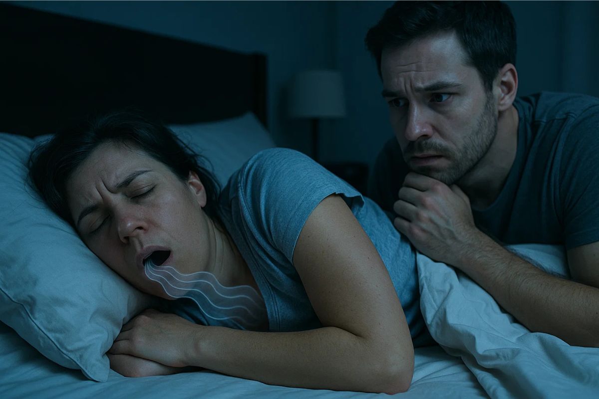 Uma mulher com apneia do sono. Seu marido ouve o ronco e a observa