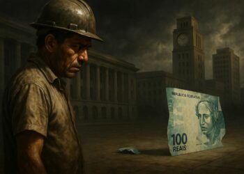 Um rapaz olhando uma nota de R$ 100 do salário mínimo 2026