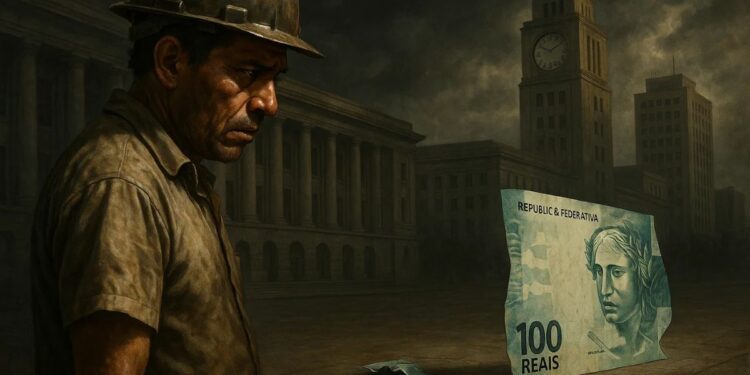 Um rapaz olhando uma nota de R$ 100 do salário mínimo 2026