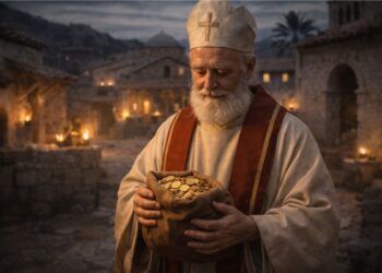 Imagem de São Nicolau segurando um saco de moedas de ouro