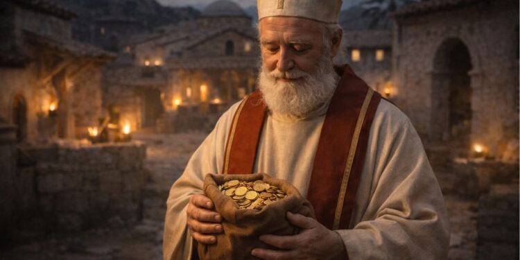 Imagem de São Nicolau segurando um saco de moedas de ouro