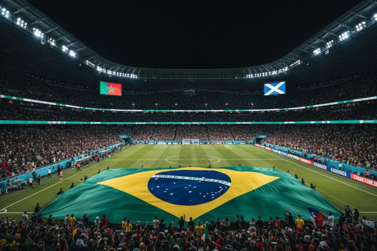 Bandeira da Seleção do Brasil em um campo de futebol com o estádio cheio