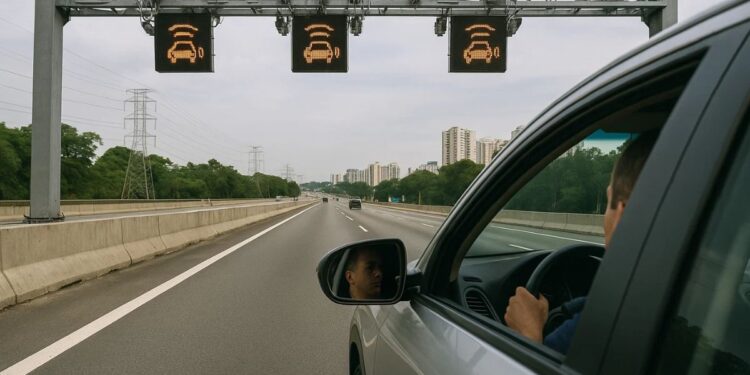 Um carro passando pelo sistema free flow