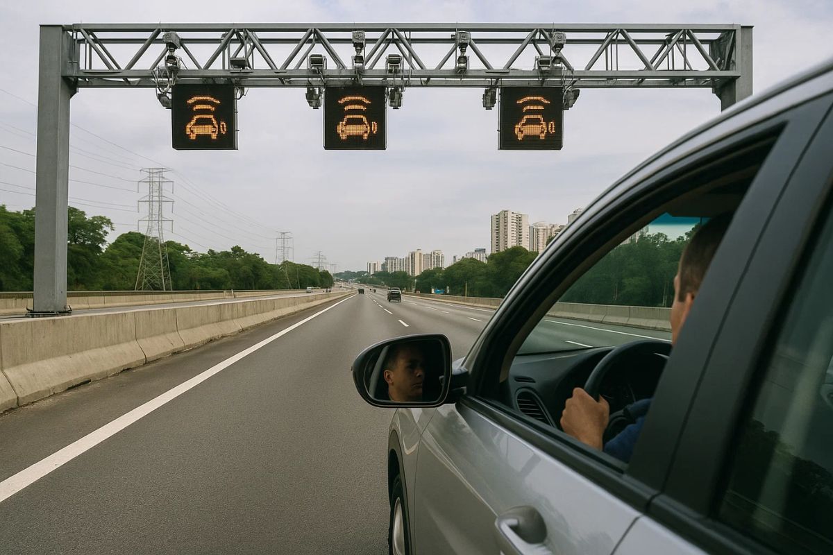 Um carro passando pelo sistema free flow