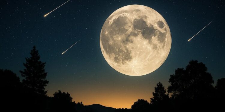 Super lua, ao lado, passam meteoros