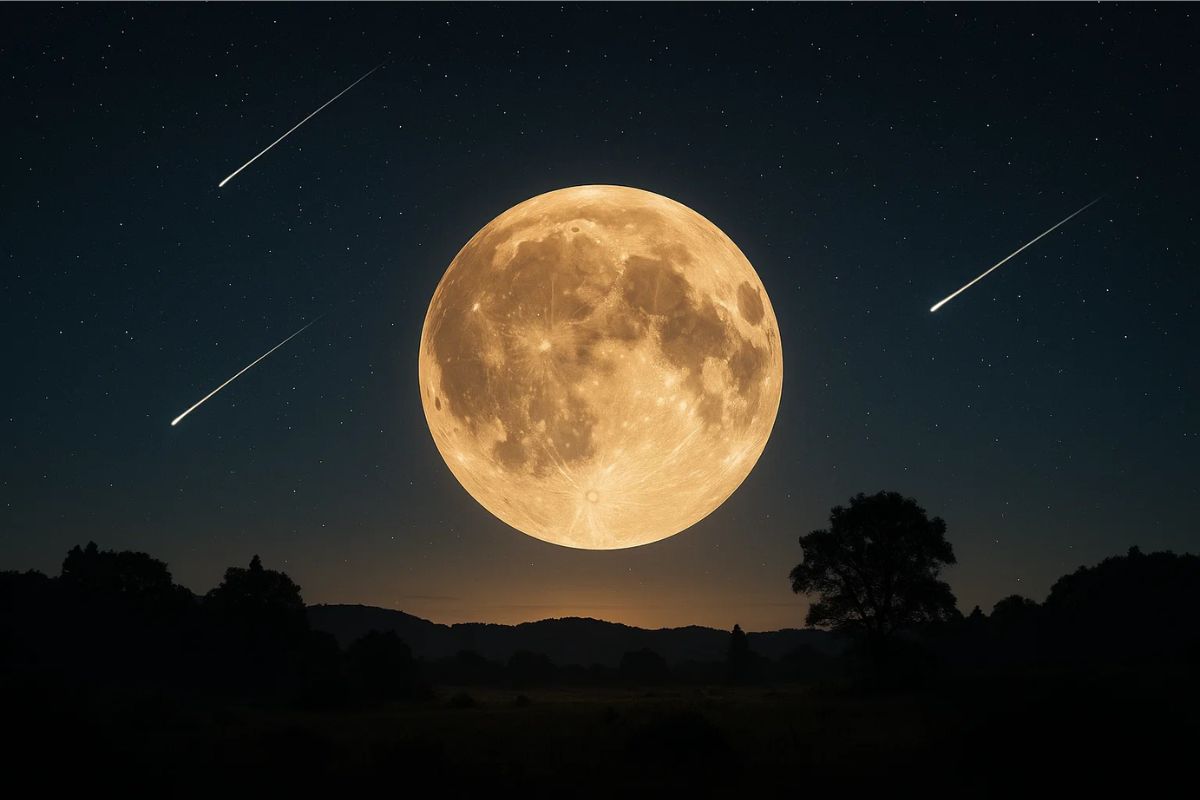 Super lua, ao lado, passam meteoros