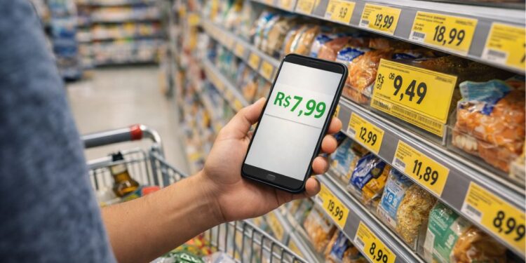 Uma pessoa vendo o preço no supermercado com o celular na mão