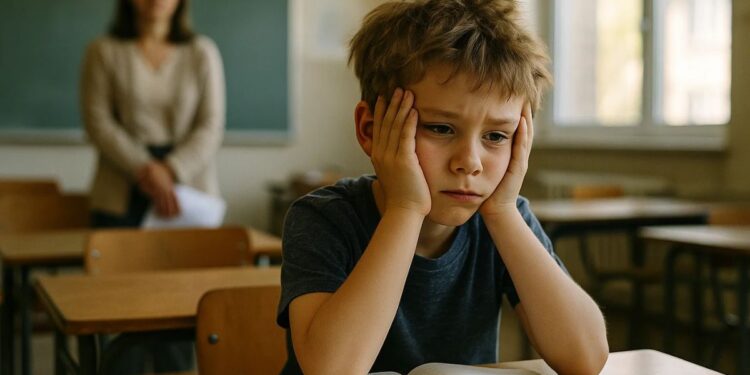 Uma criança com TDAH na sala de escola