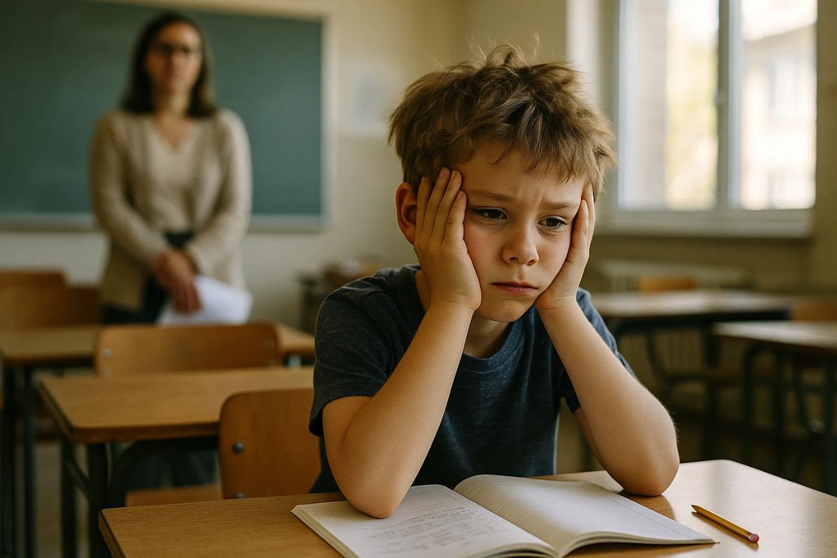Uma criança com TDAH na sala de escola