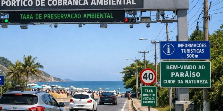 Cidade turística com pórtico que cobra taxa na entrada