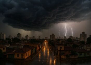 Imagem de uma tarde com a tempestade caindo na sob a cidade